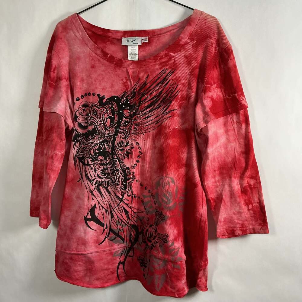 Jody California Vintage Y2K Red Tie-Dye Rhinestone Embellished Graphic